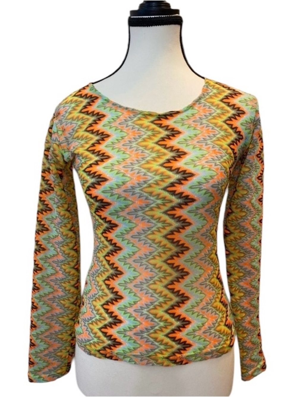 Vintage Retro Multicolor Mesh Zigzag Long Sleeve Top size S made in 🏴󠁧󠁢󠁥󠁮󠁧󠁿